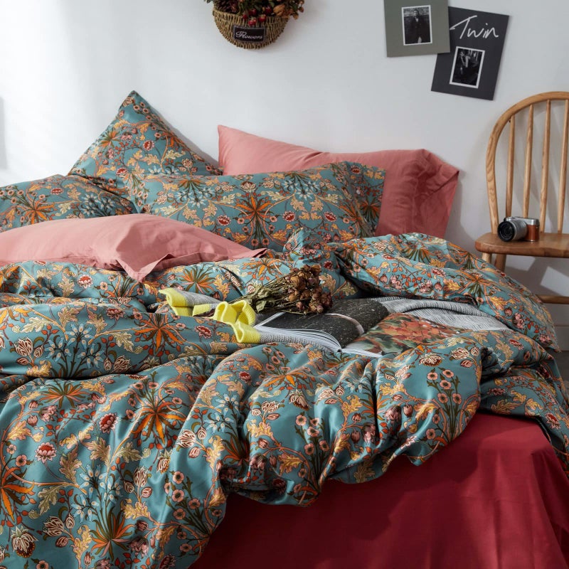 mixinni Vintage Style Garden Flower Queen Duvet Cover with Zipper Closure Soft Long Staple Percale Cotton Vibrant Pattern on Flower Bedding Quilt Cover Set(Queen, All Season) - Image 3